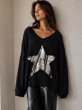 Olls Italy L Black Star Oversized Stretch Sweater M-XL